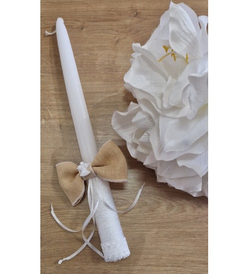 Krikšto balta žvakė su lininiu kaspinėliu 30 cm. Spalva balta / ruda (7)